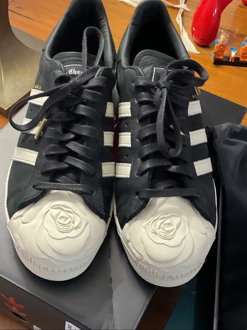 adidas Black & White Superstar Sneakers with Embossed Rose Toe